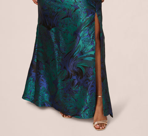 Plus Size One Shoulder Jacquard Mermaid Gown With Drape Detail In Cobalt Teal