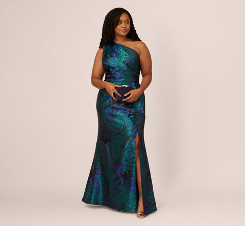 Plus Size One Shoulder Jacquard Mermaid Gown With Drape Detail In Cobalt Teal