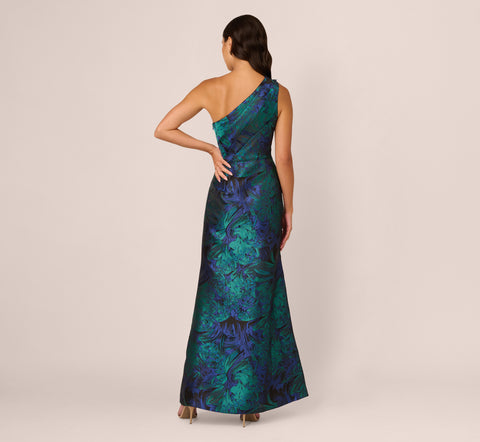 One Shoulder Jacquard Mermaid Gown With Drape Detail In Cobalt Teal