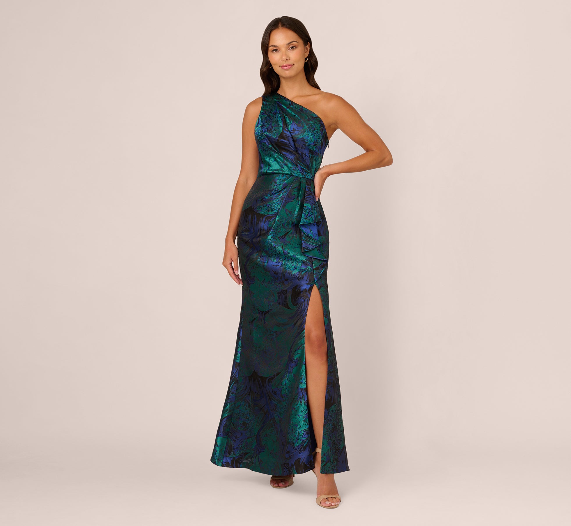 One Shoulder Jacquard Mermaid Gown With Drape Detail In Cobalt Teal ...