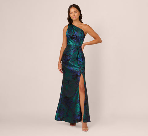 One Shoulder Jacquard Mermaid Gown With Drape Detail In Cobalt Teal