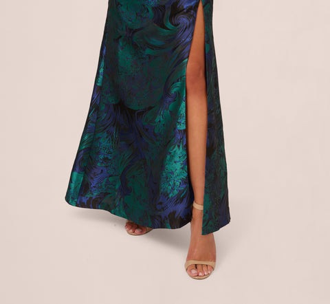 One Shoulder Jacquard Mermaid Gown With Drape Detail In Cobalt Teal