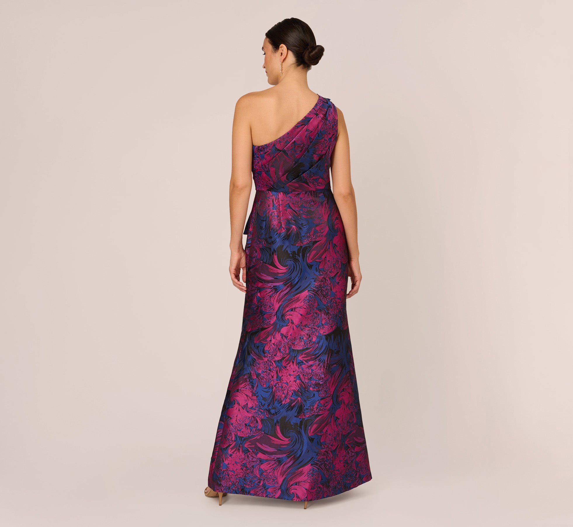 One Shoulder Jacquard Mermaid Gown With Drape Detail In Navy