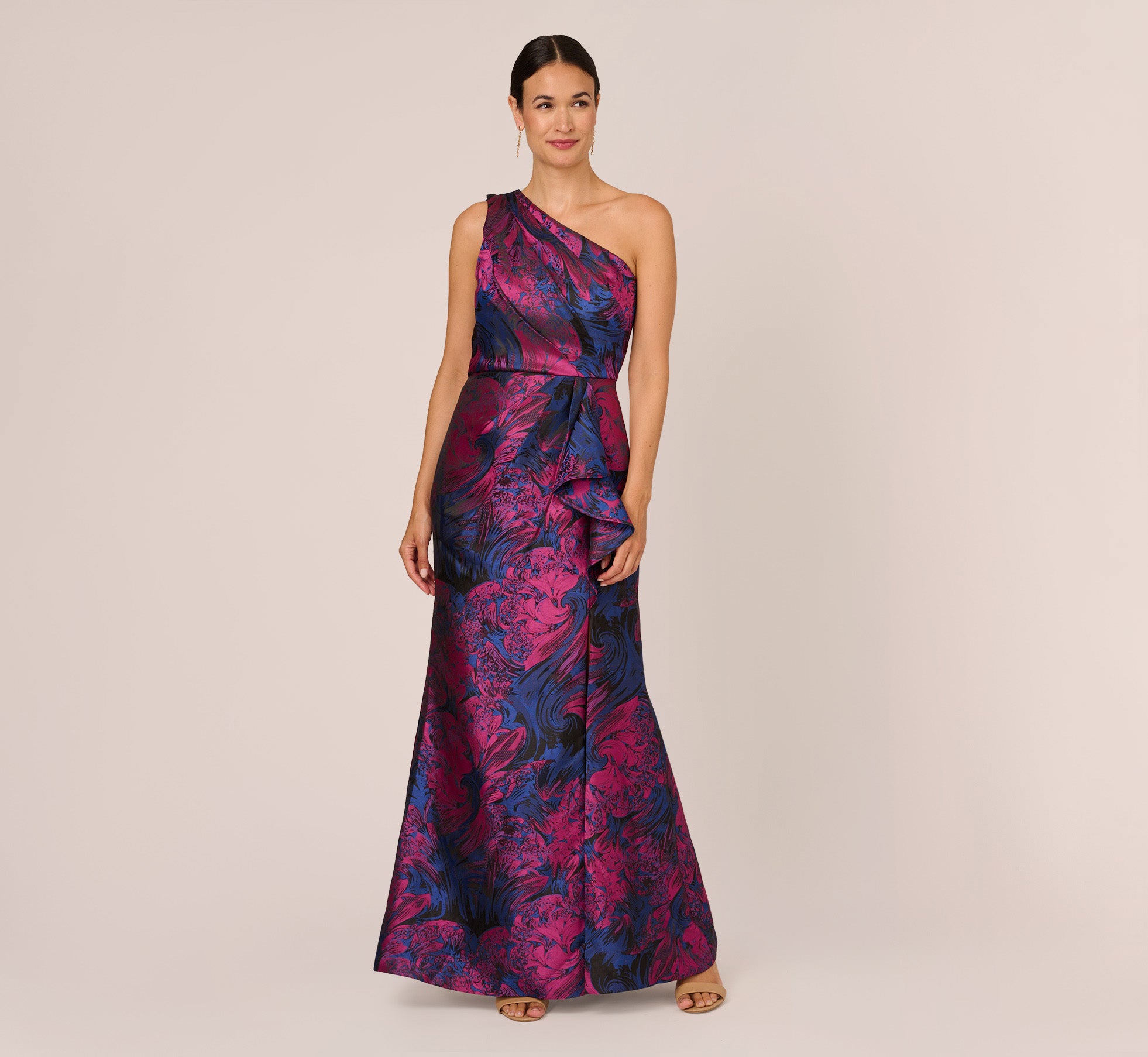 One Shoulder Jacquard Mermaid Gown With Drape Detail In Navy Orchid – Adrianna  Papell