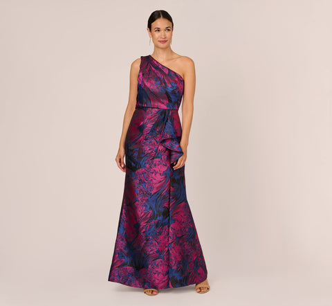 One Shoulder Jacquard Mermaid Gown With Drape Detail In Navy Orchid