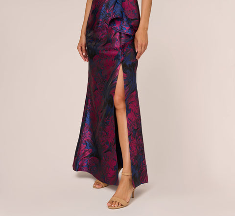 One Shoulder Jacquard Mermaid Gown With Drape Detail In Navy Orchid