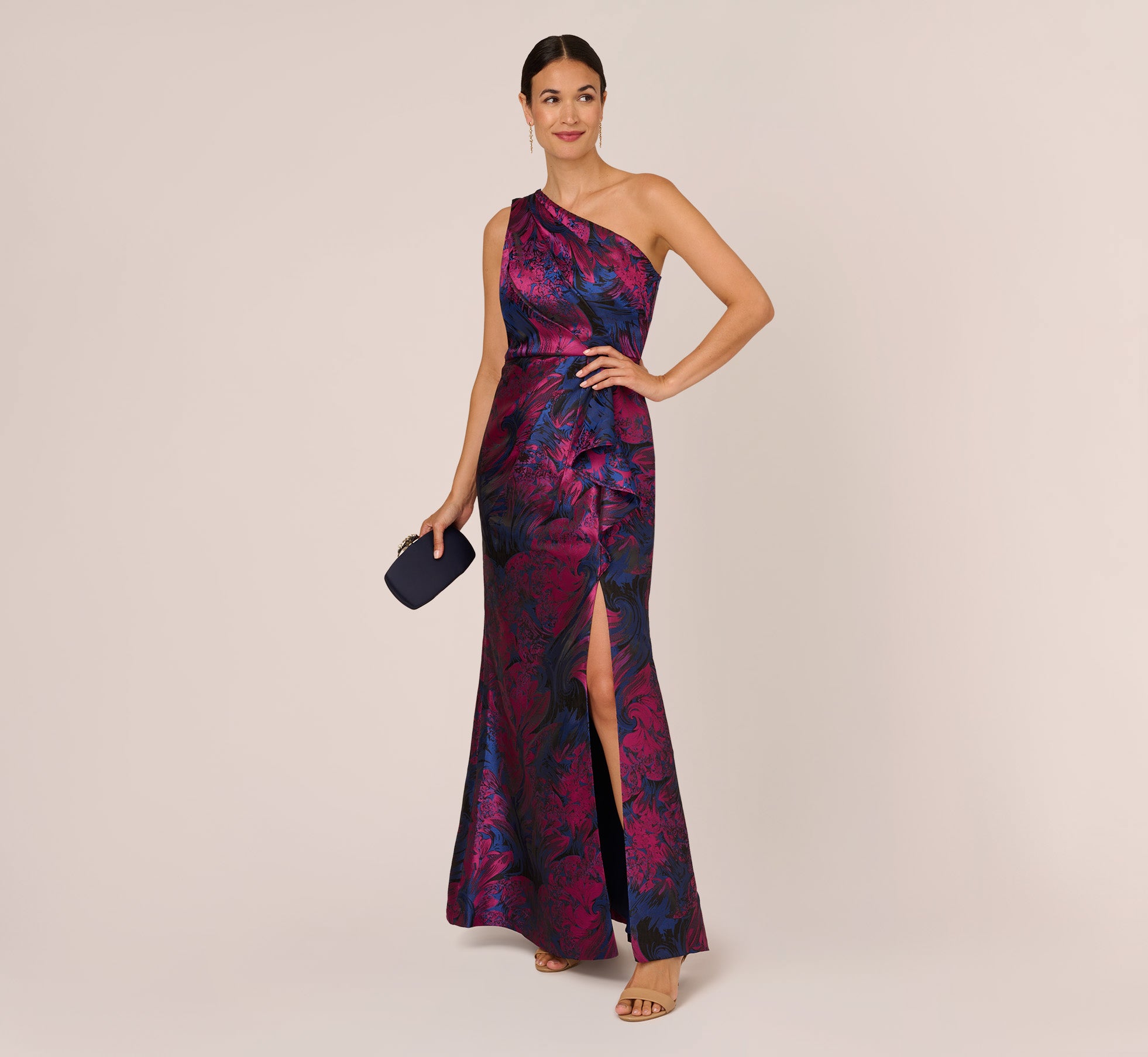 One Shoulder Jacquard Mermaid Gown With Drape Detail In Navy