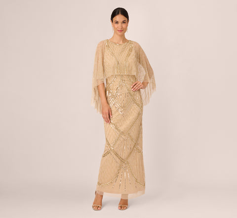 Scallop Beaded Cape Column Gown In Gold