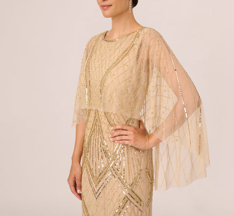 Scallop Beaded Cape Column Gown In Gold