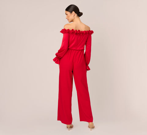 Satin Crepe Blouson Jumpsuit With Rosette Trim In Hot Ruby