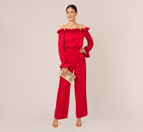 Satin Crepe Blouson Jumpsuit With Rosette Trim In Hot Ruby