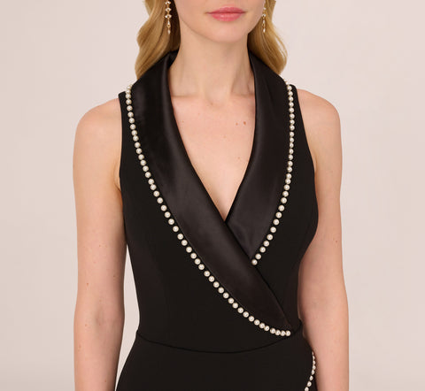 Sleeveless Crepe Tuxedo Jumpsuit With Pearl Trim In Black
