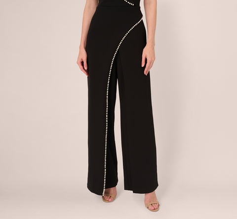 Sleeveless Crepe Tuxedo Jumpsuit With Pearl Trim In Black