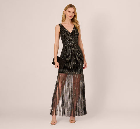 Beaded Sleeveless Dress With Carwash Hem In Black Mercury