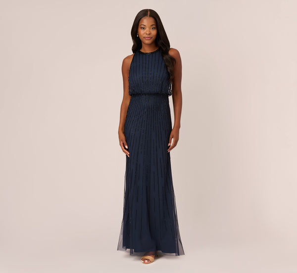 Line Beaded Blouson Mermaid Gown With Halter Neckline In Navy