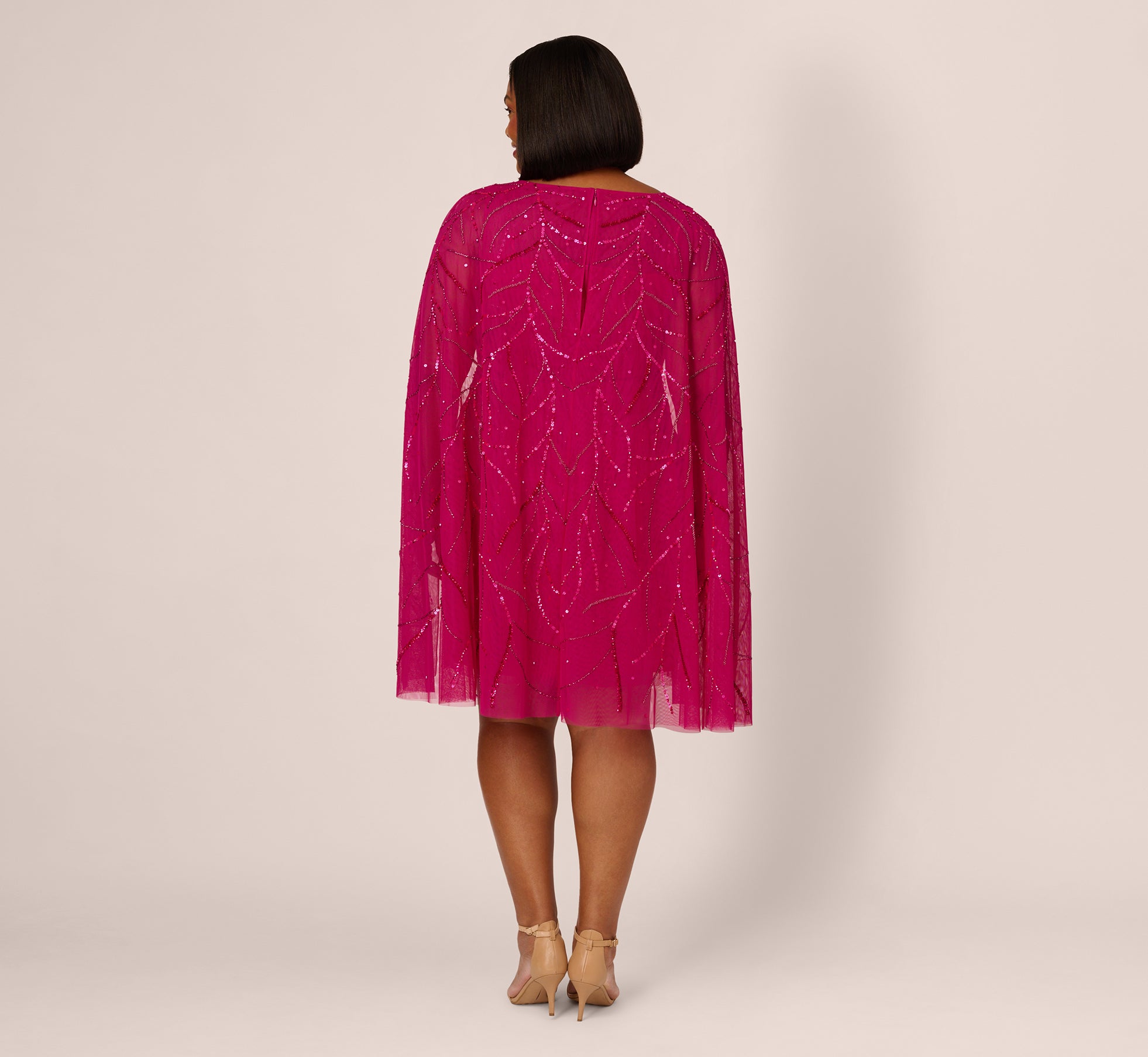 Plus Size Sequin Beaded Cape Dress With Illusion Neckline In Hot