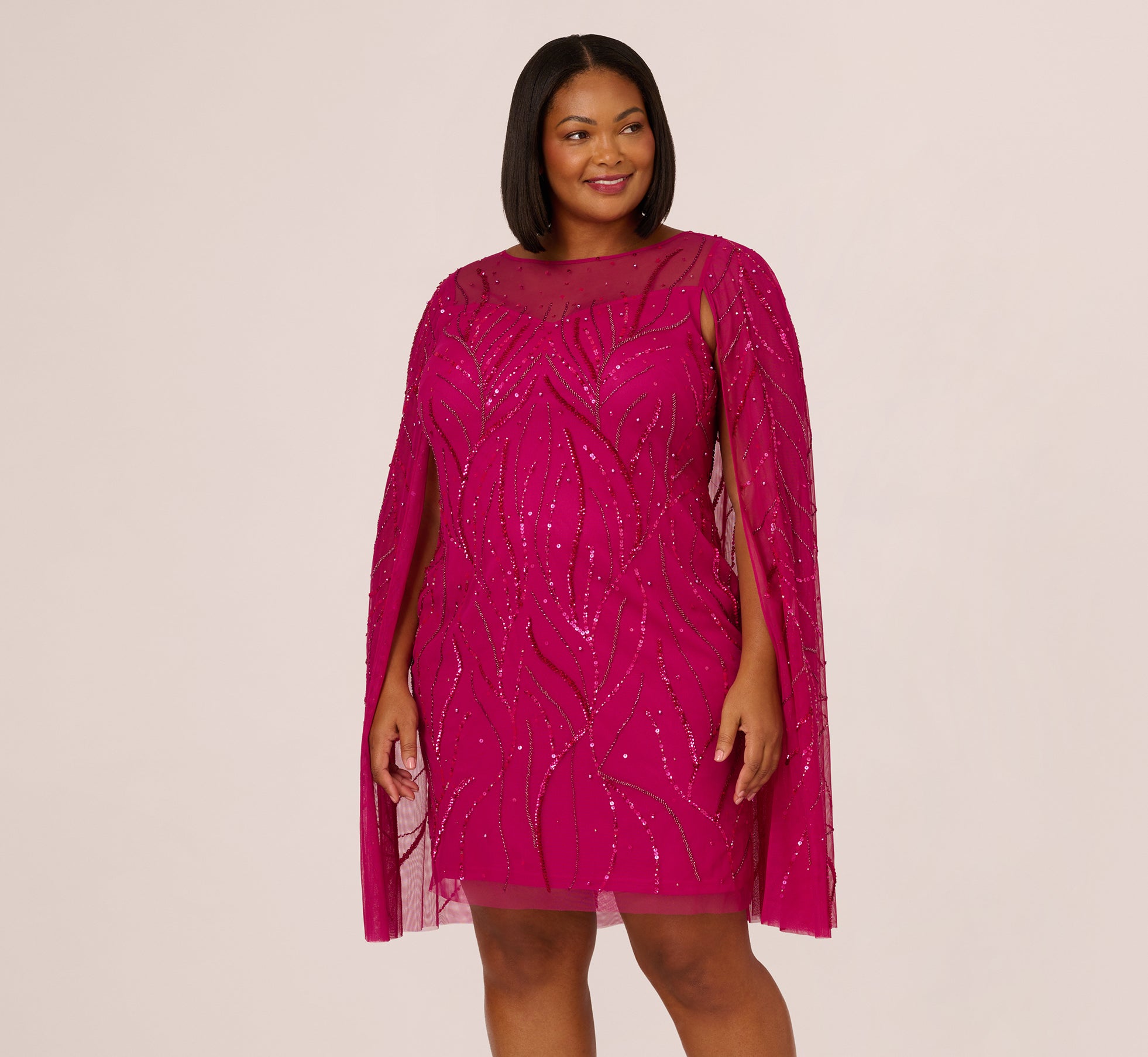 Plus Size Sequin Beaded Cape Dress With Illusion Neckline In Hot