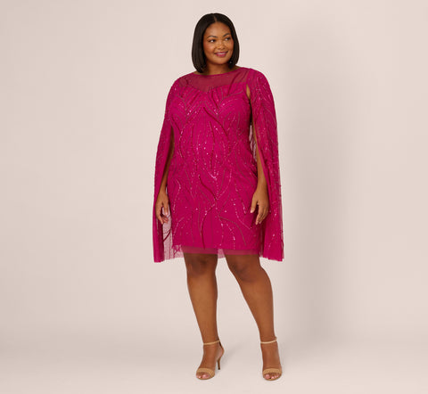 Plus Size Sequin Beaded Cape Dress With Illusion Neckline In Hot Orchi Adrianna Papell