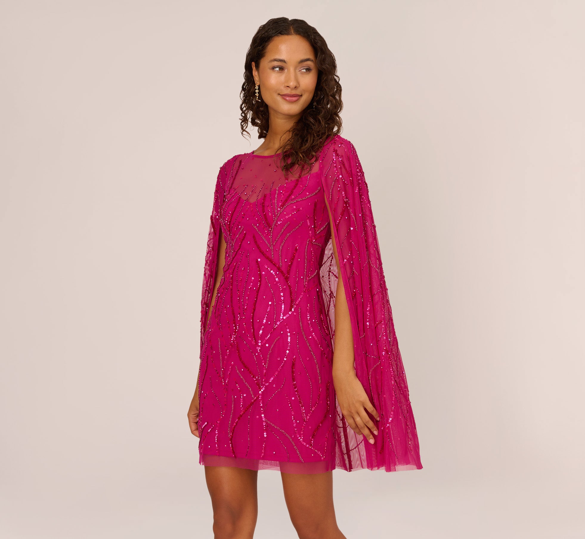 Sequin Beaded Cape Dress With Illusion Neckline In Hot Orchid