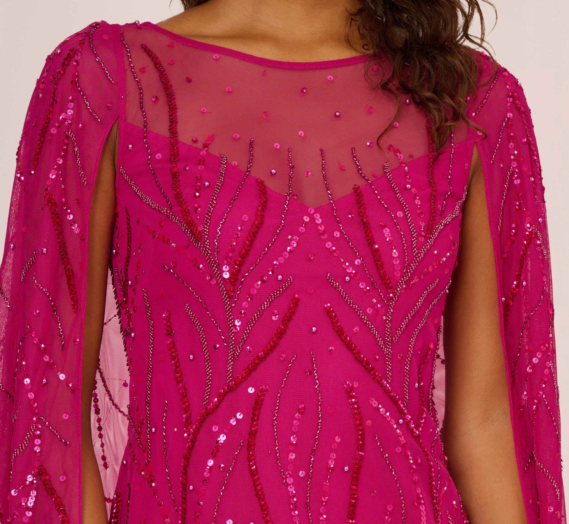 Sequin Beaded Cape Dress With Illusion Neckline In Hot Orchid