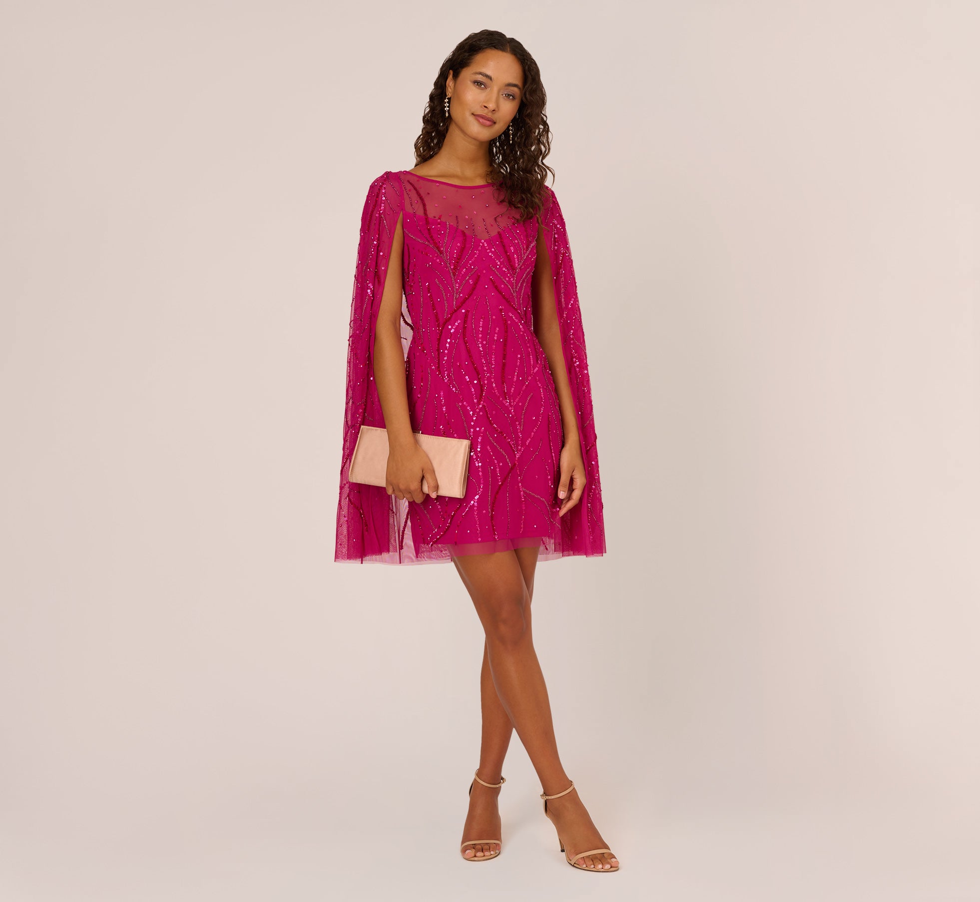 Sequin Beaded Cape Dress With Illusion Neckline In Hot Orchid