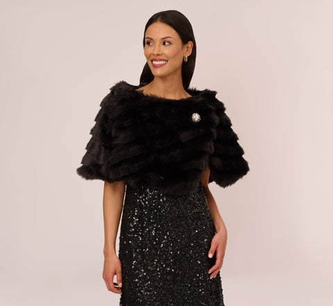 Faux Fur Wrap With Stone Broach In Black – Adrianna Papell