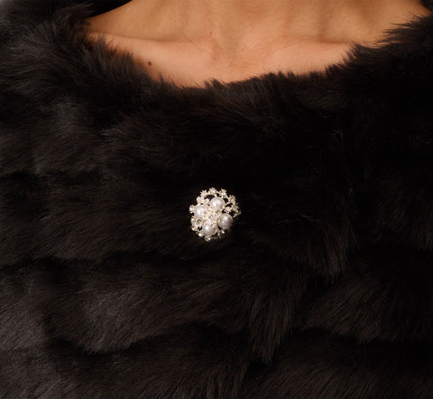 Faux Fur Wrap With Stone Brooch In Black