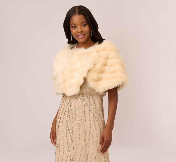 Faux Fur Wrap With Stone Broach In Champagne Adrianna Papell