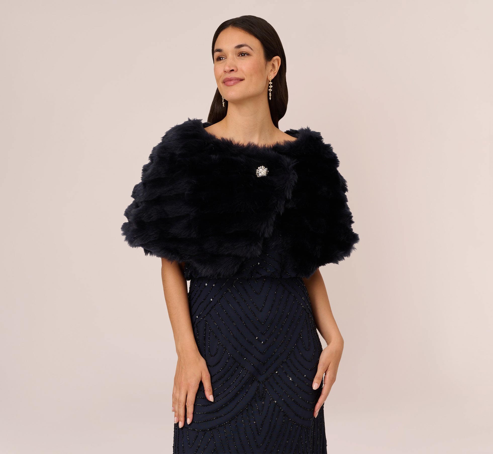 Faux Fur Wrap With Stone Brooch In Midnight 1