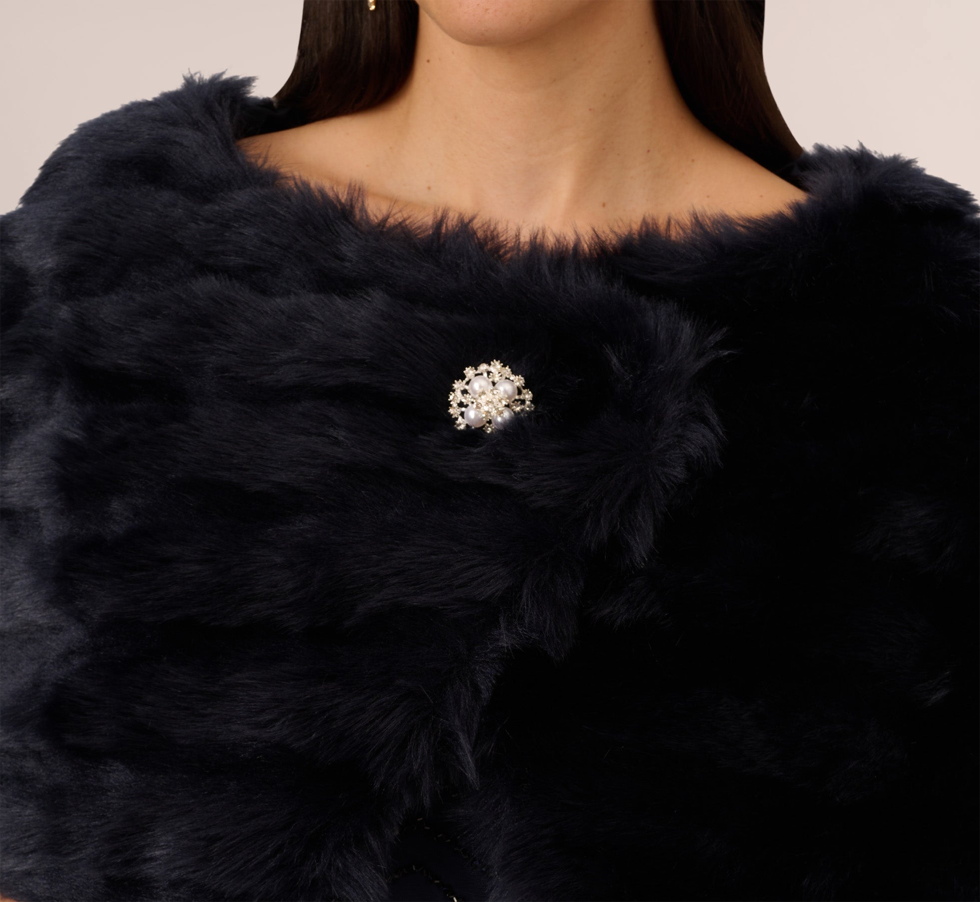 Faux Fur Wrap With Stone Broach In Midnight Adrianna Papell