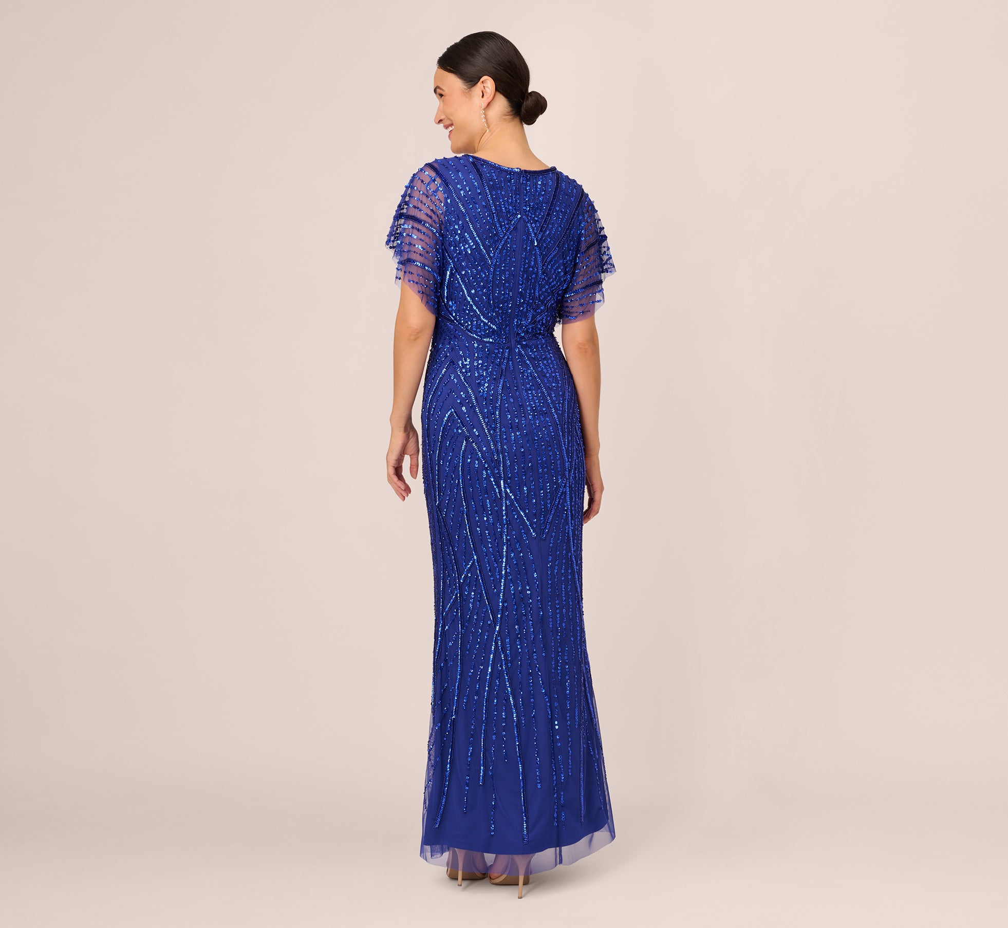 Beaded Mermaid Gown With Dolman Sleeves In Ultra Blue Adrianna