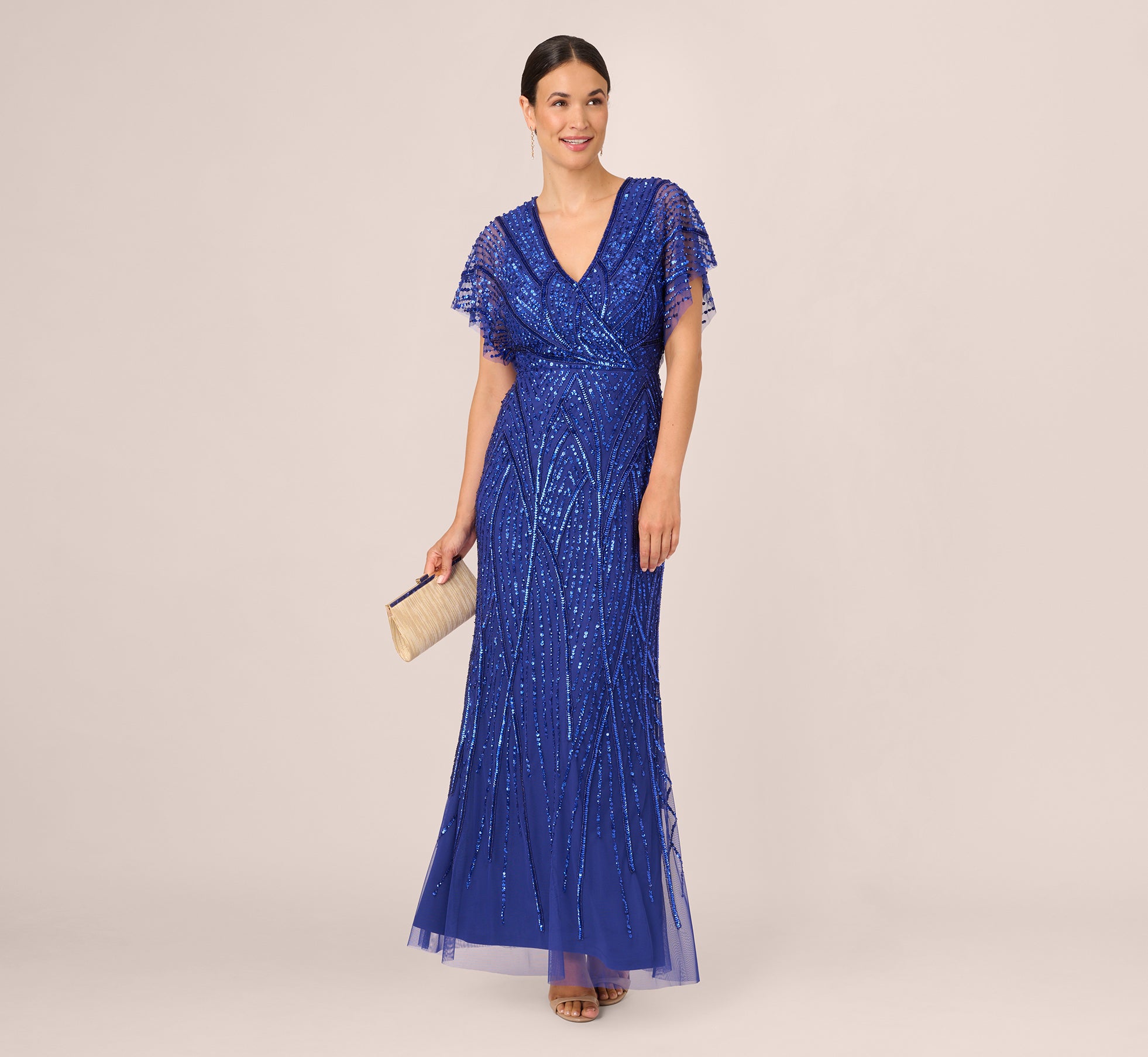 Beaded Mermaid Gown With Dolman Sleeves In Ultra Blue Adrianna