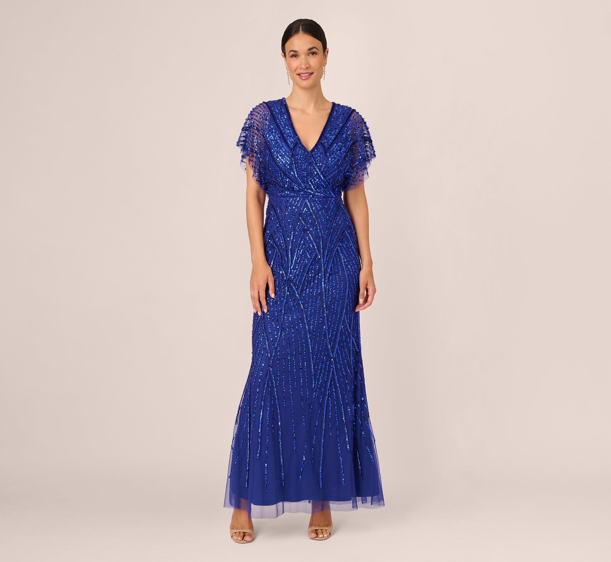 Beaded Mermaid Gown With Dolman Sleeves In Ultra Blue Adrianna