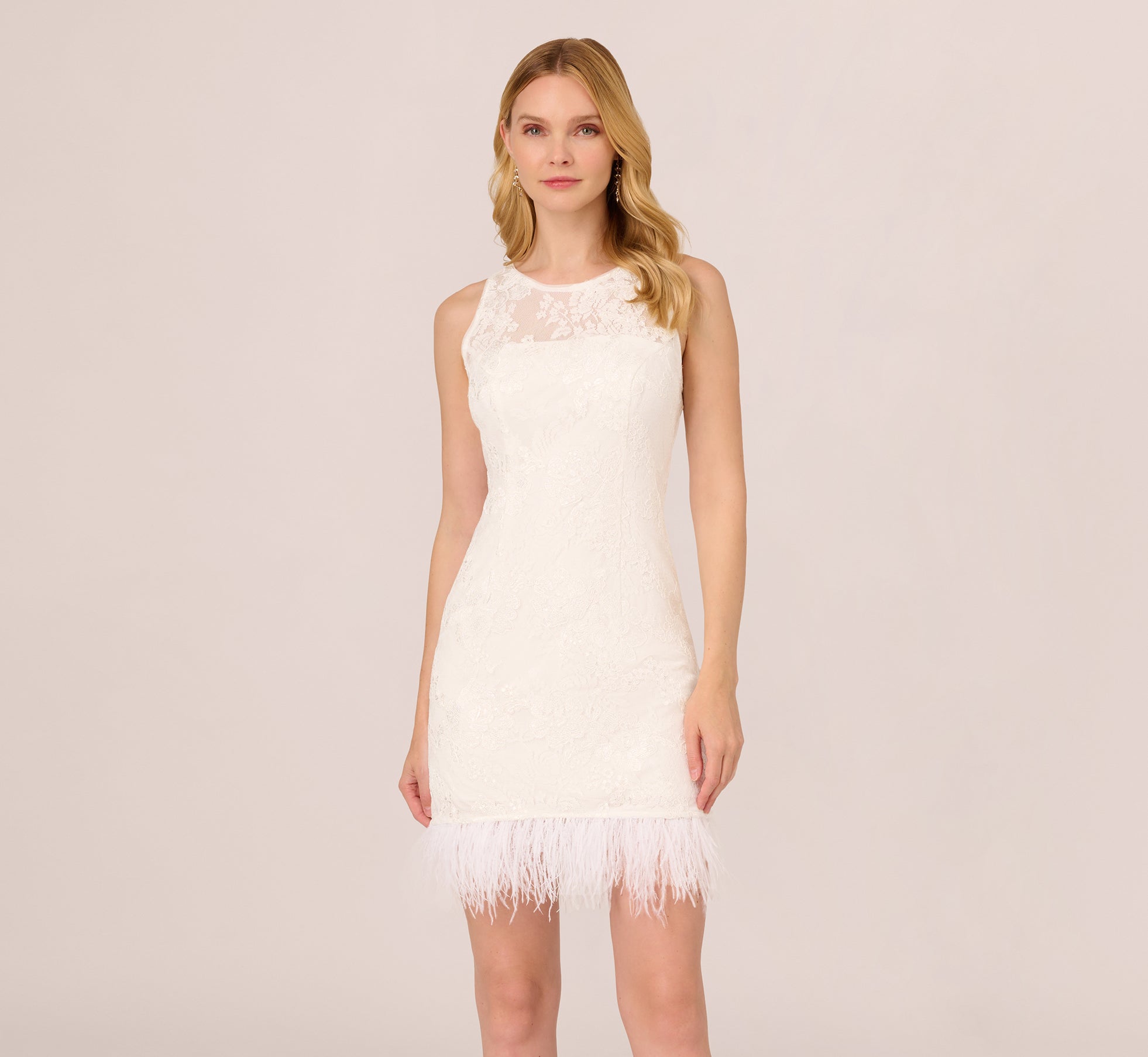 Sleeveless Floral Lace Dress With Feather Trim In Ivory 1