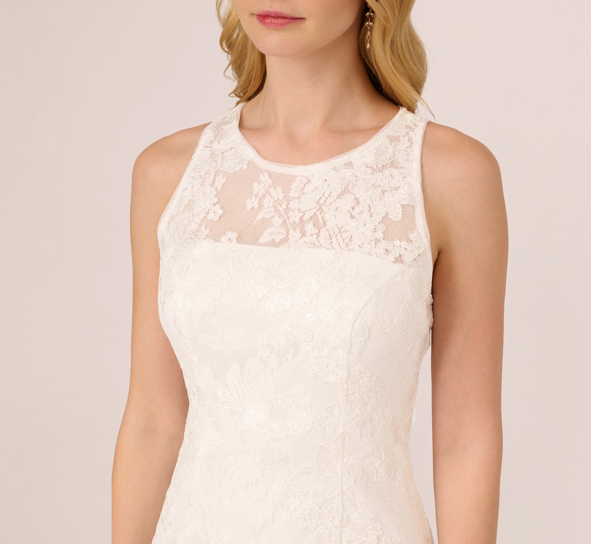 Sleeveless Floral Lace Dress With Feather Trim In Ivory Adrianna