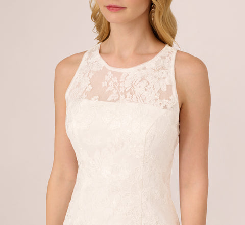 Sleeveless Floral Lace Dress With Feather Trim In Ivory