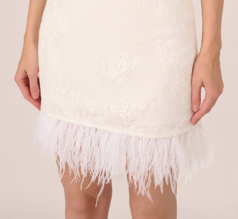 Sleeveless Floral Lace Dress With Feather Trim In Ivory