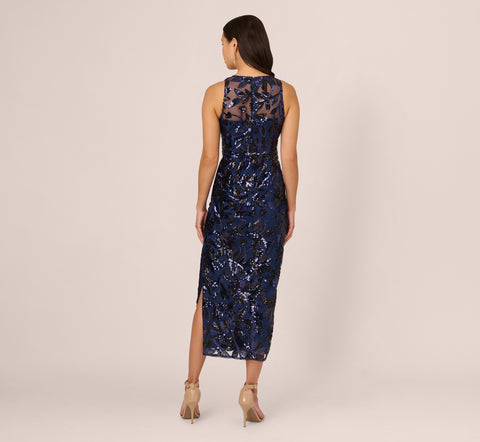 Sequin Leaf Halter Column Gown With Sheer Neckline In Navy Black