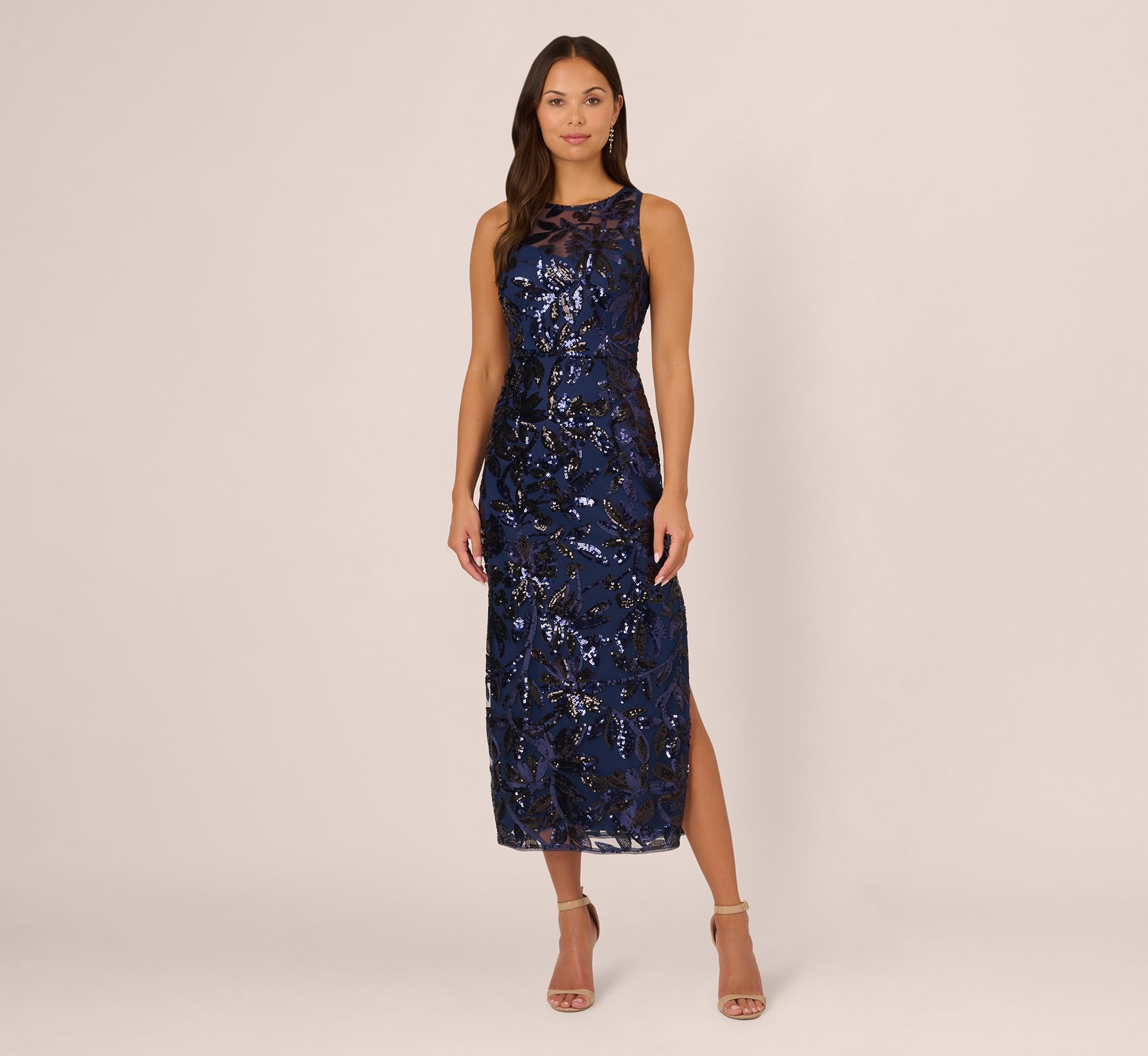 Sequin Leaf Halter Column Gown With Sheer Neckline In Navy Black 1