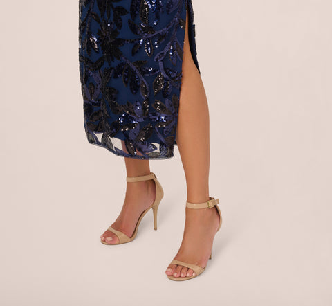 Sequin Leaf Halter Column Gown With Sheer Neckline In Navy Black