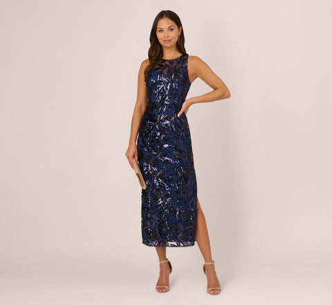 Sequin Leaf Halter Column Gown With Sheer Neckline In Navy Black