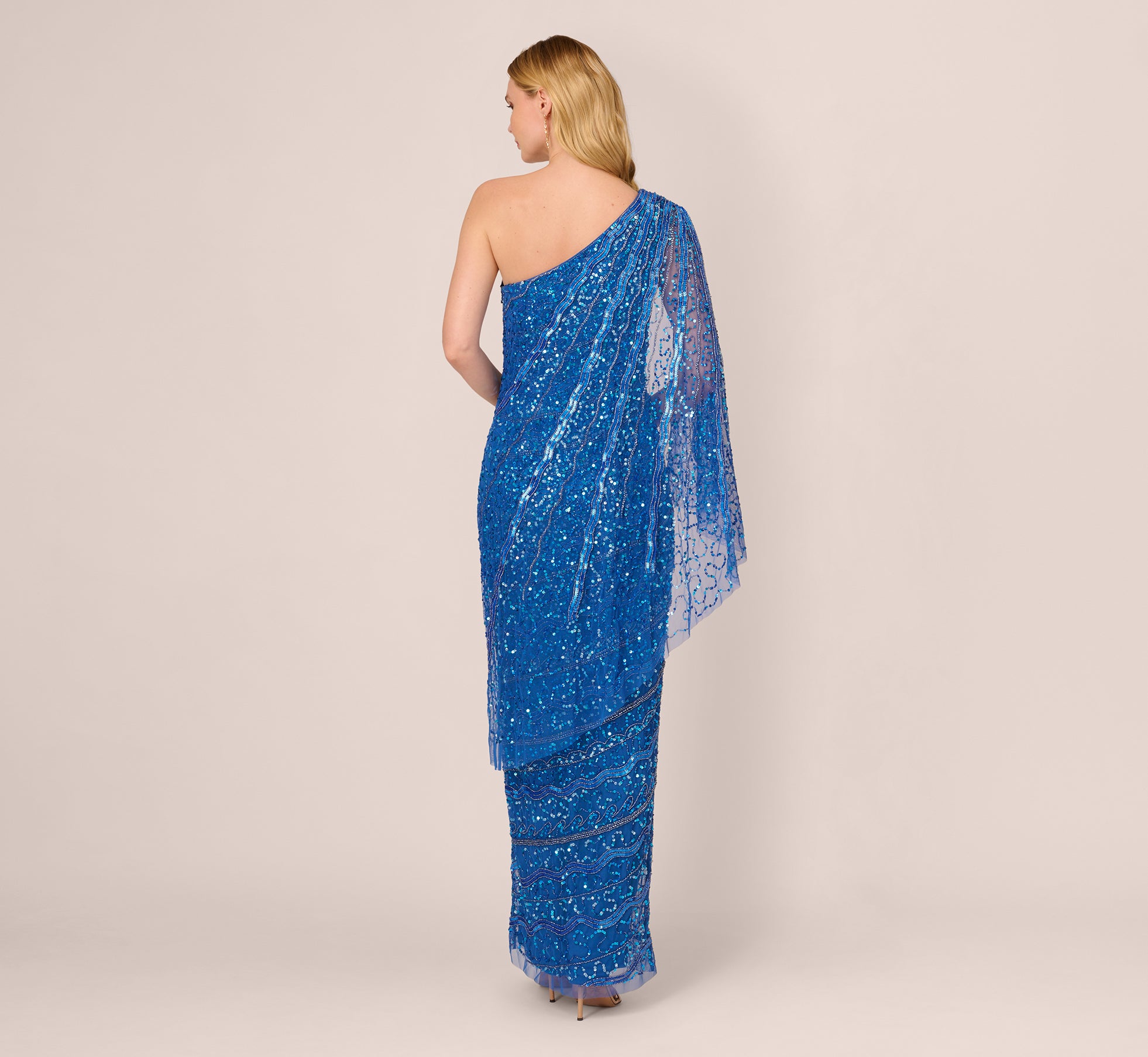 One Shoulder Beaded Column Gown With Draped Sleeve In Blue Horizon