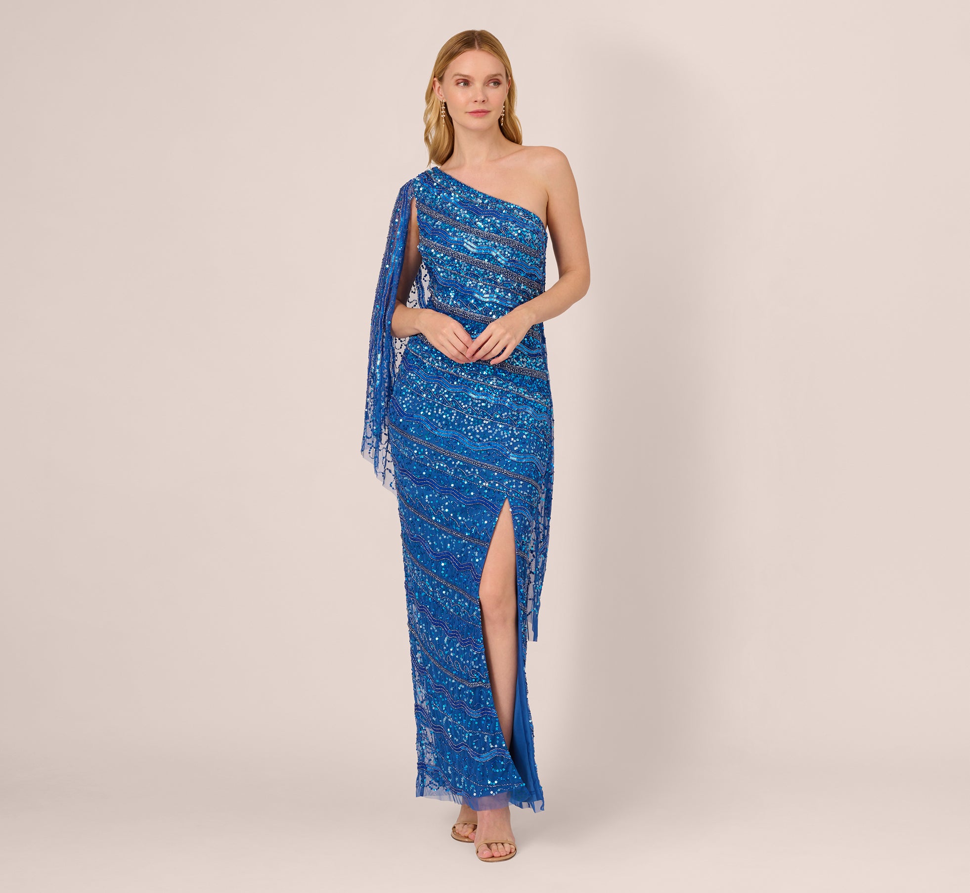 One Shoulder Beaded Column Gown With Draped Sleeve In Blue