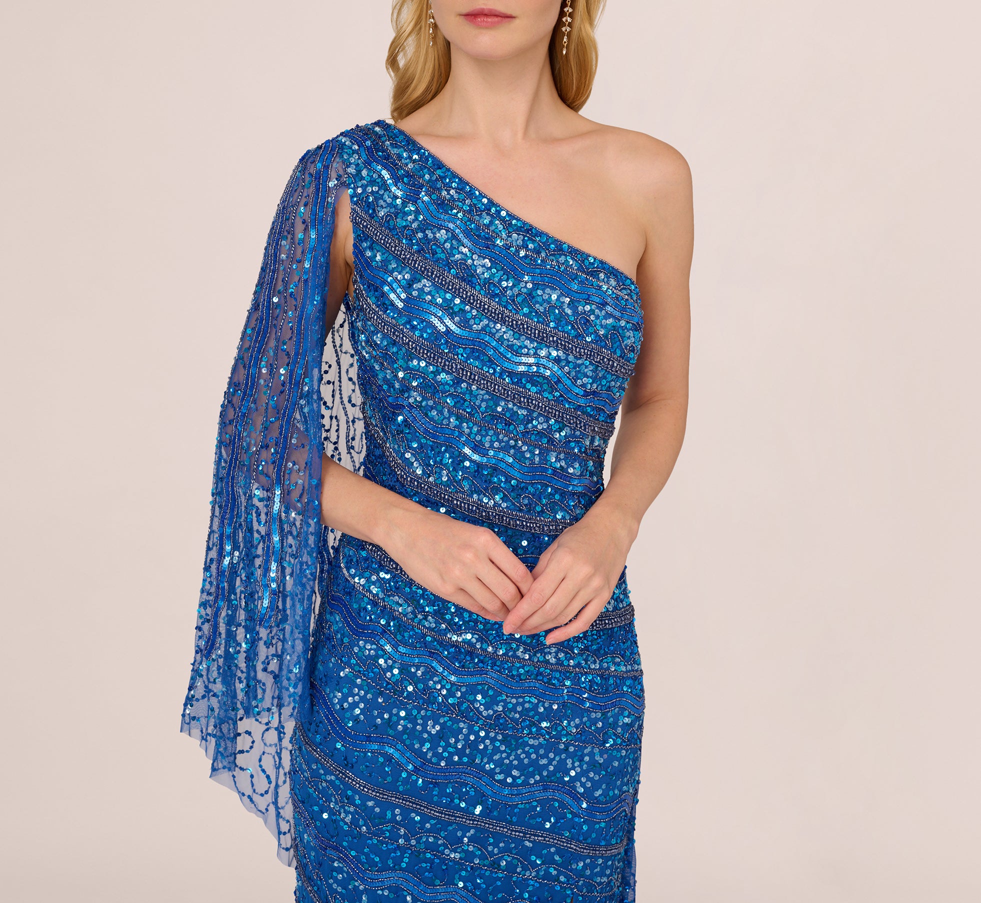 One Shoulder Beaded Column Gown With Draped Sleeve In Blue Horizon