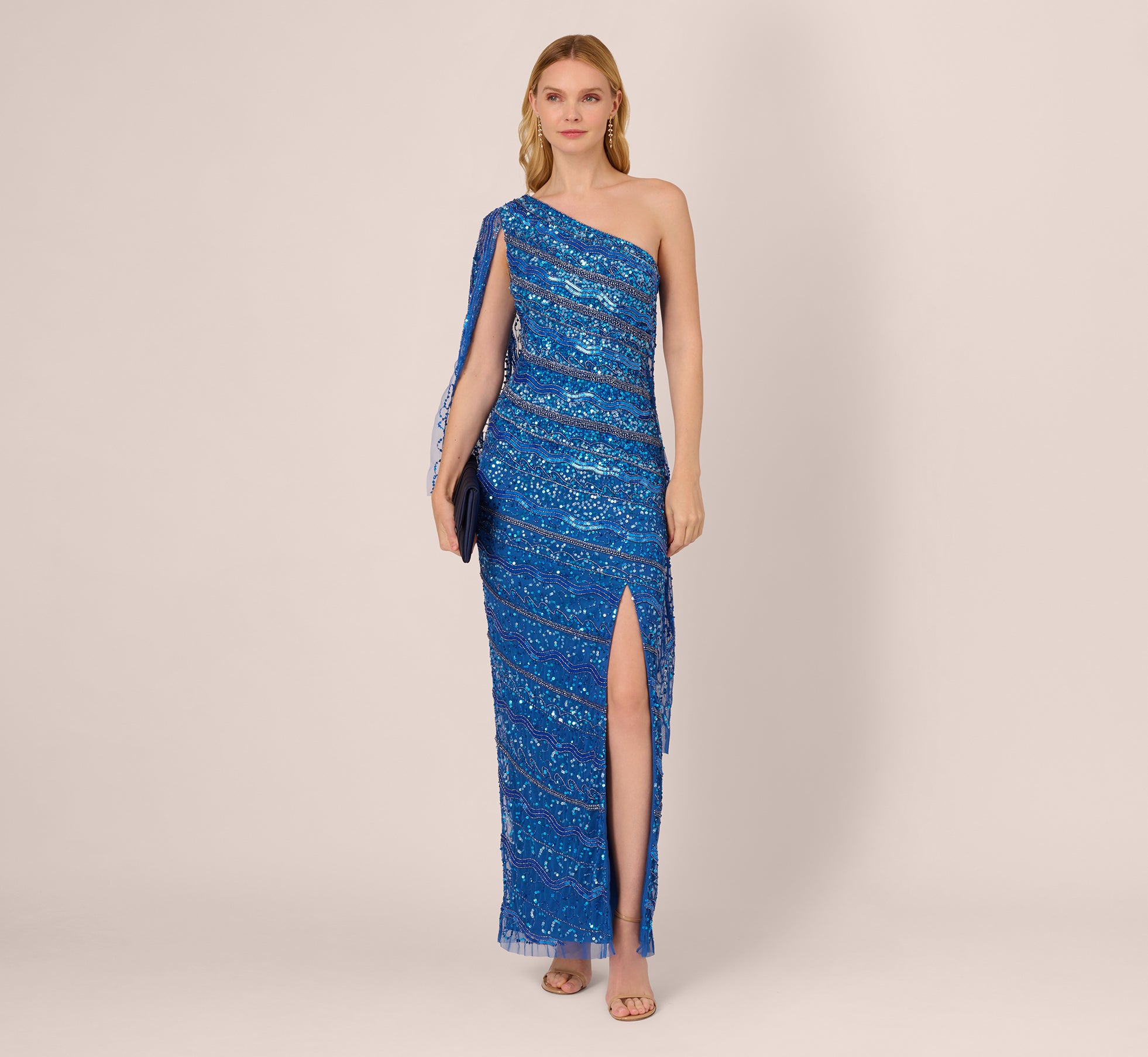 One Shoulder Beaded Column Gown With Draped Sleeve In Blue