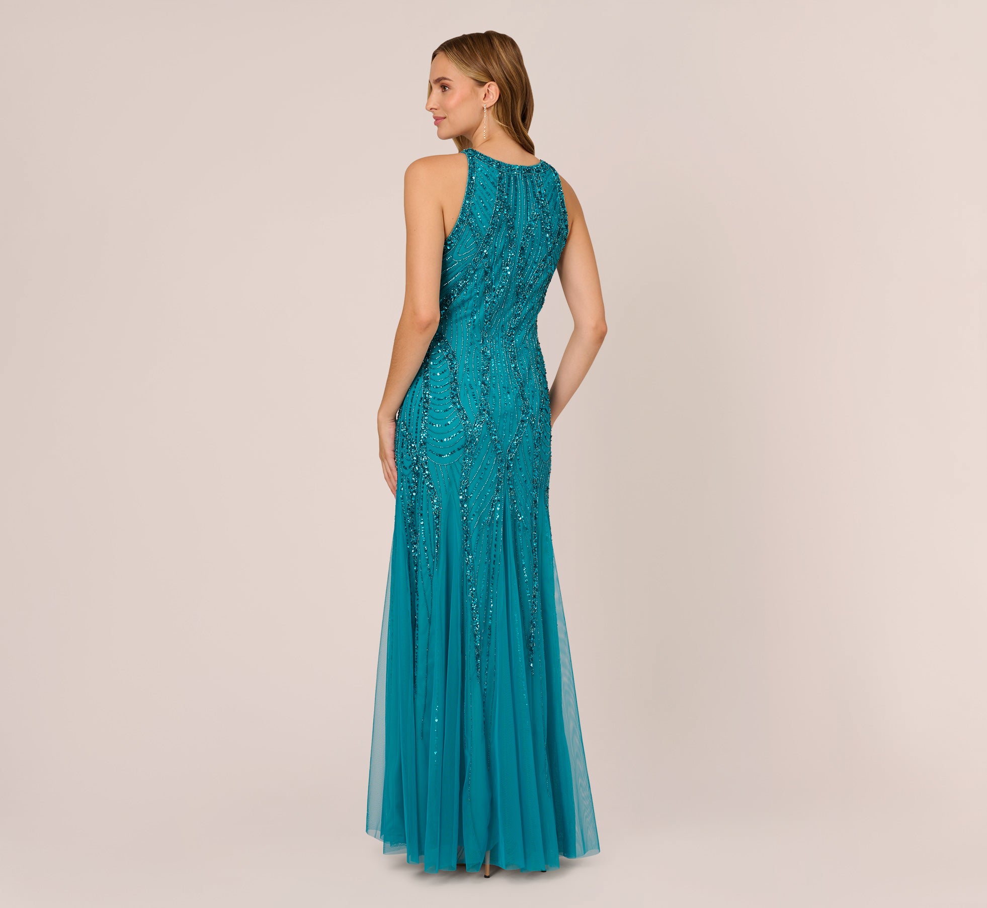 Beaded Halter Gown With Godet Skirt In Teal Adrianna Papell