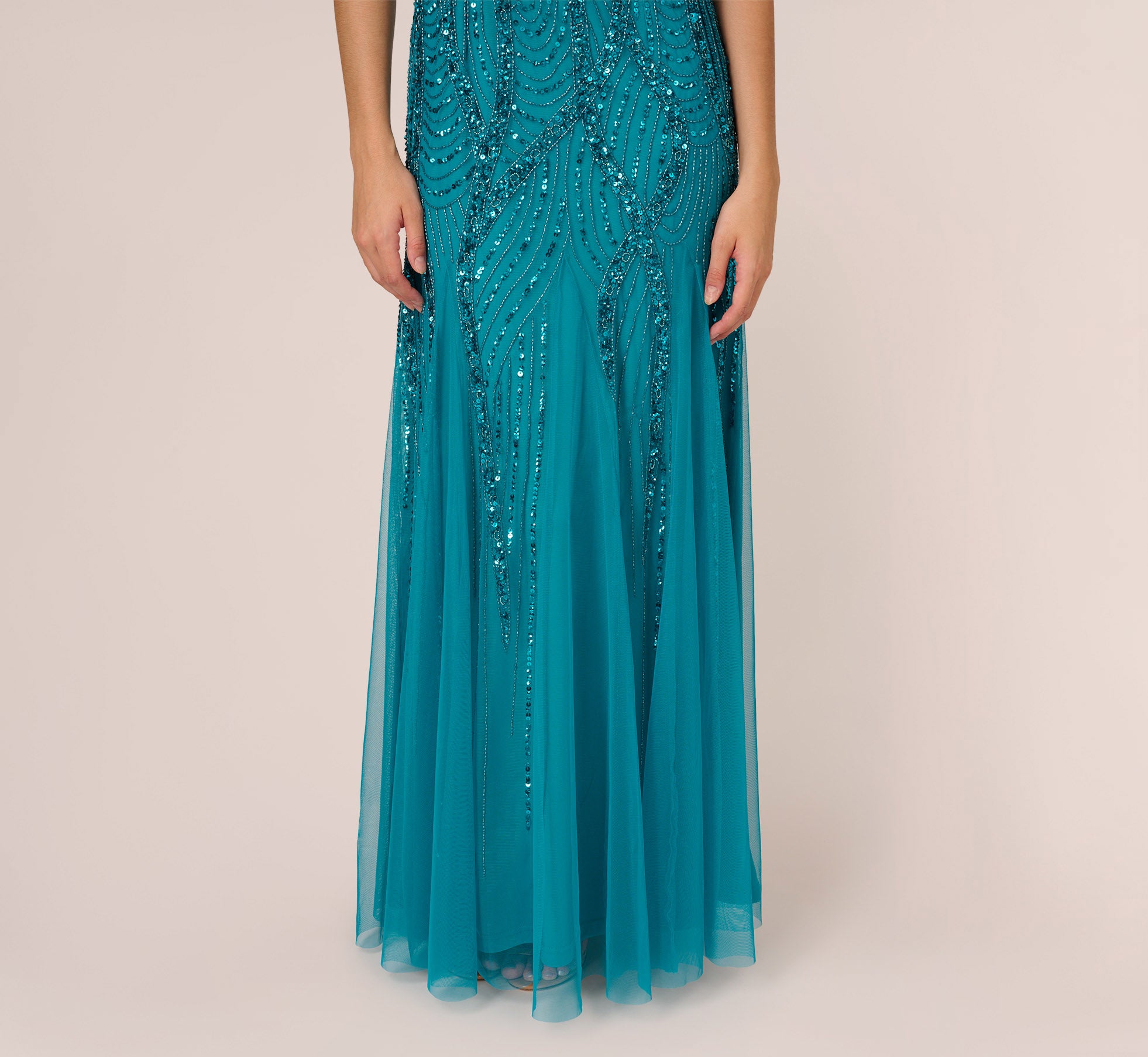 Beaded Halter Gown With Godet Skirt In Teal Adrianna Papell