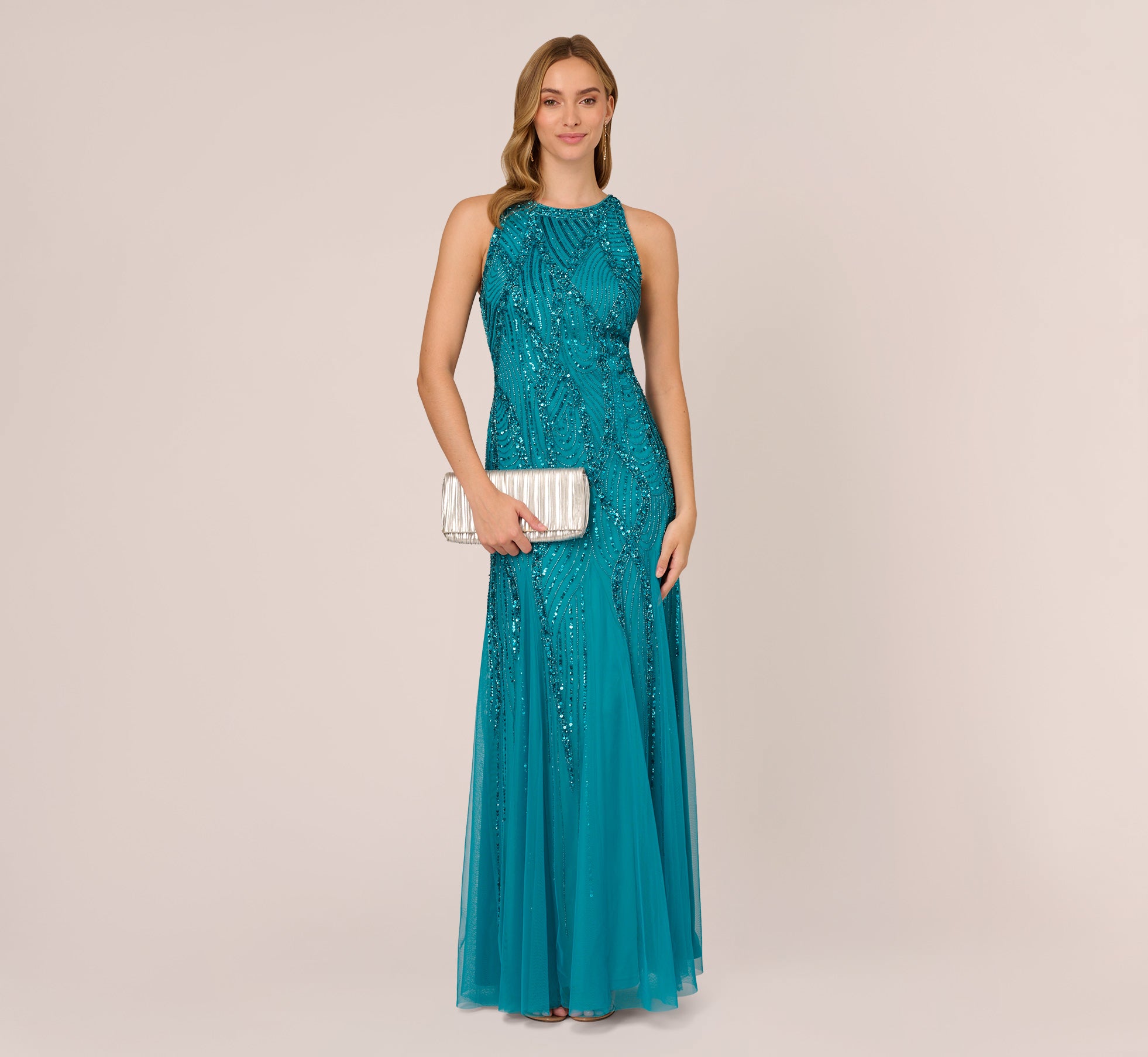 Beaded Halter Gown With Godet Skirt In Teal Adrianna Papell