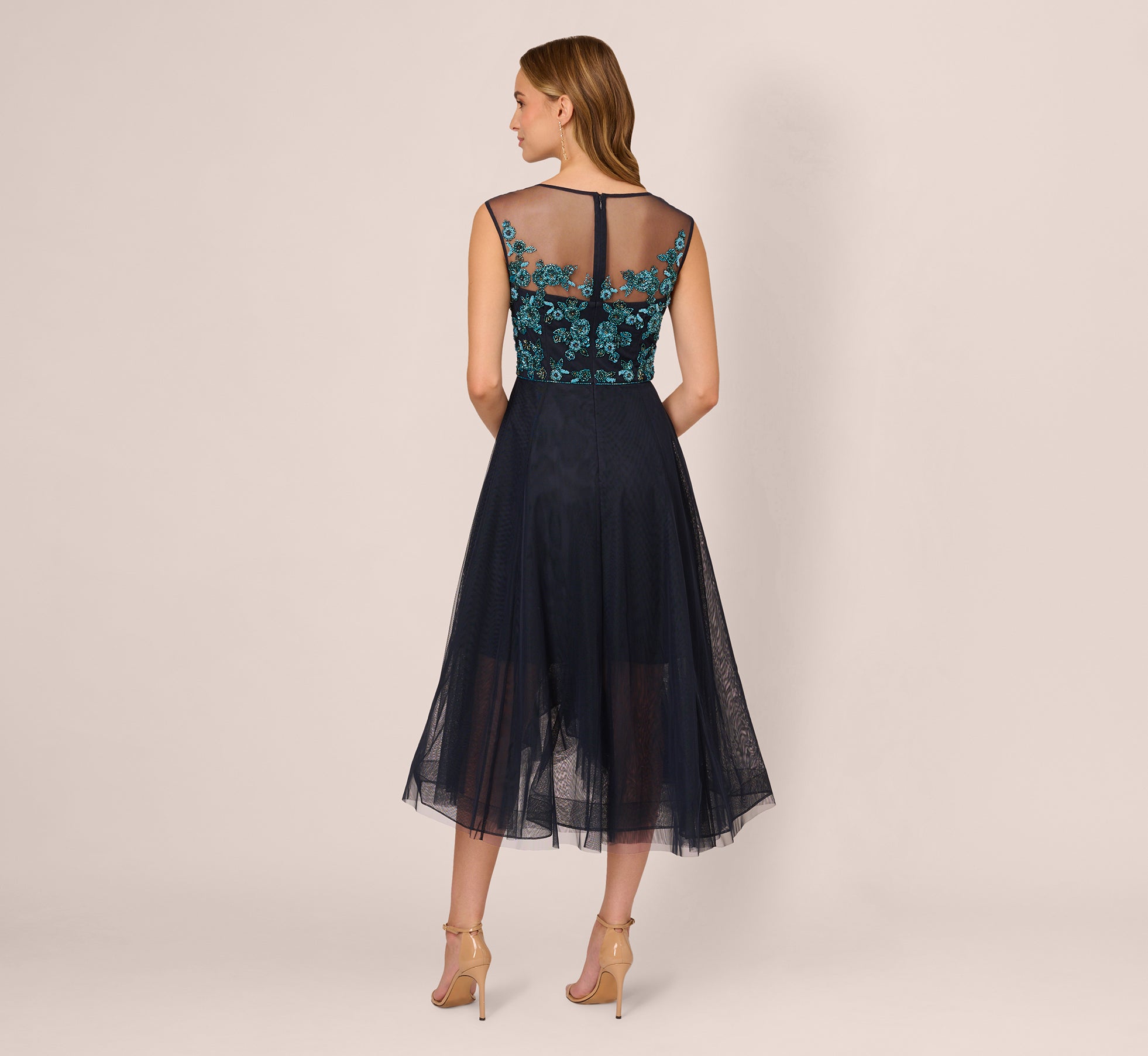 Beaded Midi Dress With Tulle Skirt In Midnight Multi Adrianna Papell