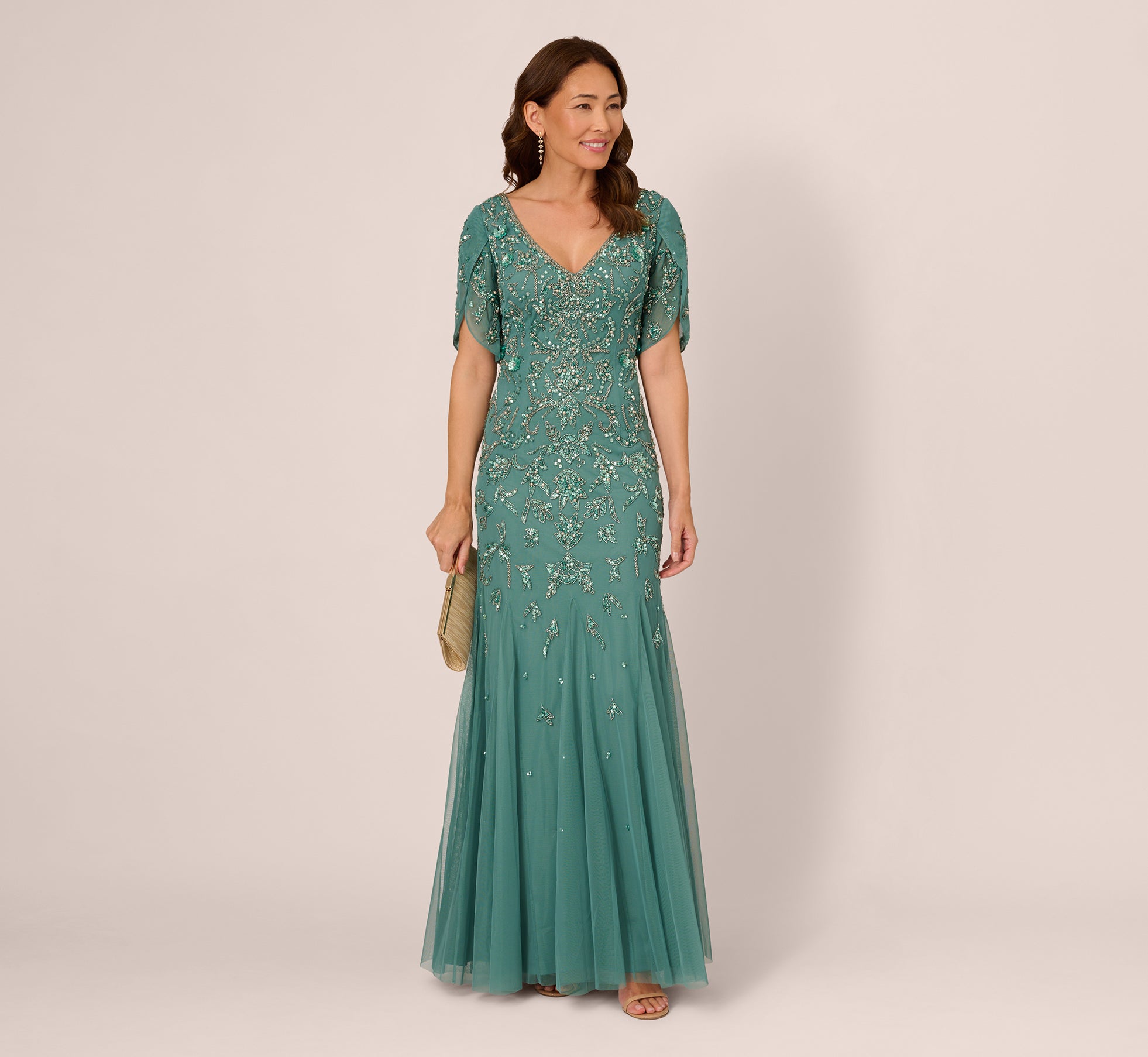 Beaded Mermaid Gown With Sheer Petal Sleeves In Green Slate